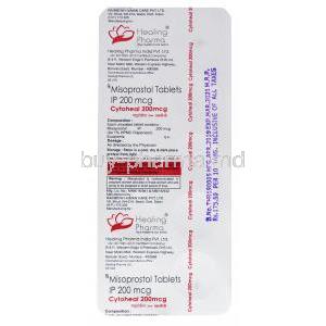 Cytoheal, Misoprostol 200mg 20 x 10 tablets, Healing Pharma, Blister pack back information