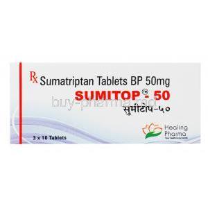 Sumitop, Sumatriptan tablets, 3 x 10 tablets, Healing Pharma, box front presentation