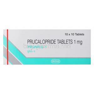 Pruwel, Prucalopride tablets 1mg 10 x 10 tablets, Intas, box presentation