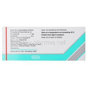 Pruwel, Prucalopride tablets 1mg 10 x 10 tablets, Intas, box side presentation with product information