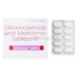 Glucored Forte, Glibenclamide/ Metformin, 5mg/500mg 10 x 10 tablets, box and blister pack front presentation