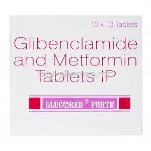 Glucored Forte, Glibenclamide/ Metformin, 5mg/500mg 10 x 10 tablets, box front presentation
