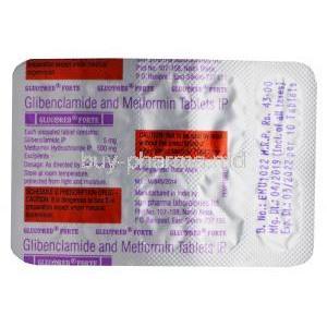 Glucored Forte, Glibenclamide/ Metformin, 5mg/500mg 10 x 10 tablets, blister pack back presentation