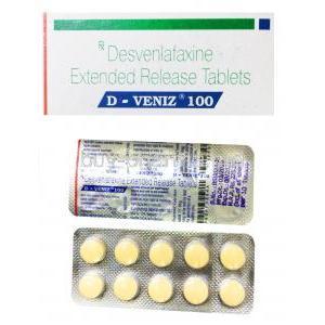 D-Veniz, Desvenlafaxine Extended Release Tablet, 100 mg, box and blister pack front presentation