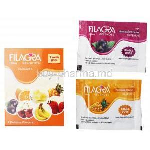 Filagra Gel shots, Sildenafil 100mg, box and sachet presentation