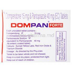 Dompan Forte, Domperidone 15mg/ Pantoprazole 40mg, box side presentation with content, color, dosage, storage and warning indication.