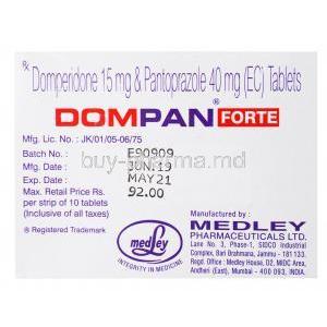 Dompan Forte, Domperidone 15mg/ Pantoprazole 40mg, box side presentation with manufacturing information