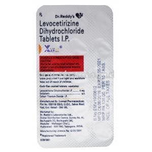 Xyzal, Levocetirizine dihydrochloride tablets I.P., 5mg 15 tablets, blister pack back presentation