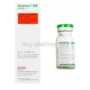 Kanamac-500, Kanamycin Injection I.P. , 500mg 5ml, Macleods, box and vial side presentation