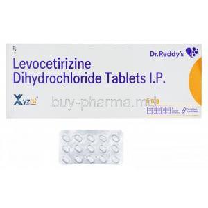 Xyzal, Levocetirizine dihydrochloride tablets I.P., 5mg 15 tablets, box and blister pack front presentation