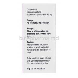 Nipress, Sodium Nitroprusside Injection IP, 50mg, Samarth, Box side presentation with composition, dosage, storage and caution label.