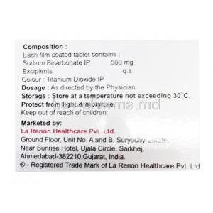 Sobisis, Sodium Bicarbonate, La Renon, box side presentation with composition, dosage, storage and marketed information