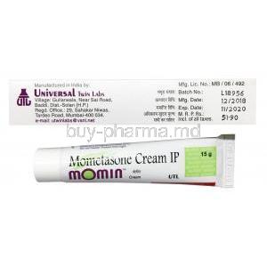 Momin Cream, Mometasone Furoate, 15g, box and tube side presentation with information, UTL