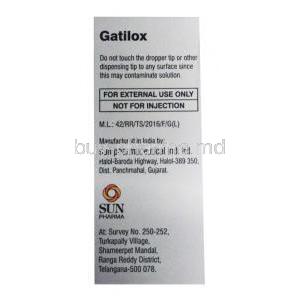 Gatilox, Gatifloxacin ophthalmic solution, 0.3% 5ml, box back presentation with information