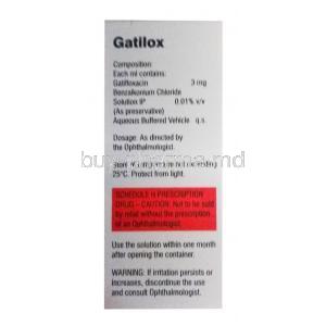 Gatilox, Gatifloxacin ophthalmic solution, 0.3% 5ml, box back presentation with information