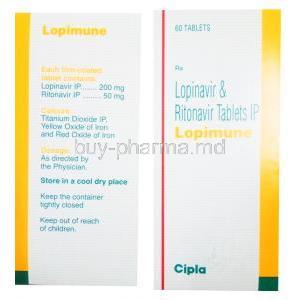 Lopimune, Ritonavir 50mg/ Lopinavir 200mg, Cipla 60 tabs, box back presentation with information