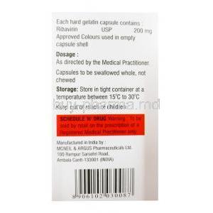 Ribasure, Ribavirin 200mg, 140 caps, Aprazer Healthcare, box side presentation with product information, contents, dosage, storage and warning label.