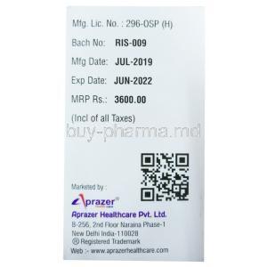 Ribasure, Ribavirin 200mg, 140 caps, Aprazer Healthcare, box side presentation, with information
