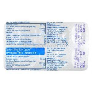 Primacal AT, Elemental Calcium 200mg/ Calcitriol 0.25mcg/ Zinc 7.5mg, blister pack back presentation with information