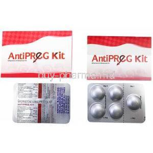 Antipreg Kit, Mifepristone (200mg)/ Misoprostol (200mcg), Intas, box and blister pack presentation with information