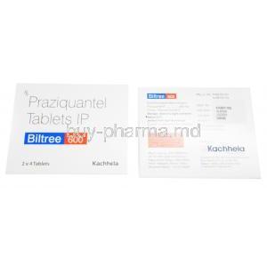 Biltree-600, Praziquantel 600mg, 2 x 4 tabs, Kachhela, box presentation with information