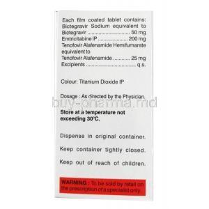 Taffic, Bictegravir, Emtricitabine and Tenofovir composition