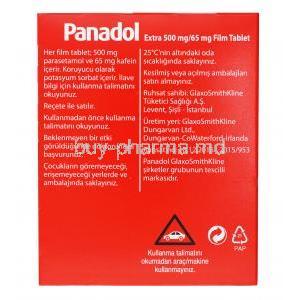 Panadol Extra, Paracetamol 500mg and Caffeine 65mg box back