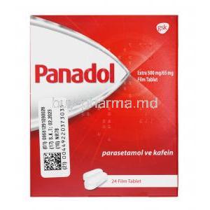 Panadol Extra, Paracetamol 500mg and Caffeine 65mg box front