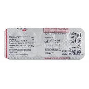 Anaridex, Anastrozole 1mg tablet back