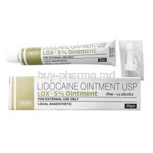 Lox Ointment, Lidocaine 5% box and tube