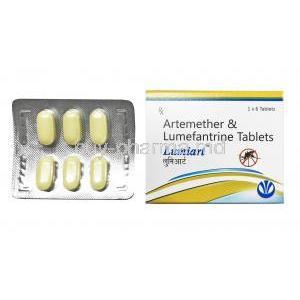 Lumiart, Artemether and Lumefantrine box and tablet