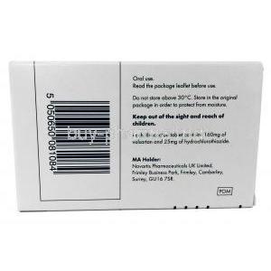 VALSARTAN  HCTZ (GB) 160mg + 25mg 28Tab, box back view, manufacturer