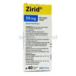 Zirid (NE) 50mg 40Tab, box side information, manufacturer