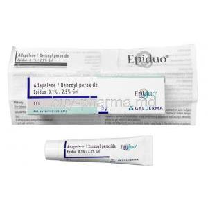 Epiduo Gel, Adapalene and Benzoyl Peroxide box, tube and leaflet