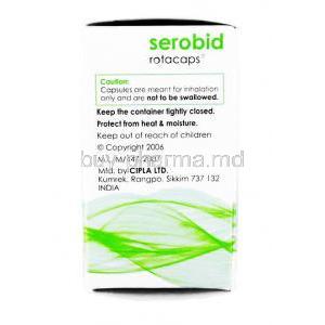 Serobid Rotacap, Salmeterol box side view, caution, Manufacturer