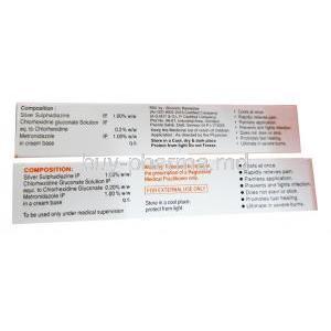 SSDee Cream, Silver Sulfadiazine 1%w/w/ Chlorhexidine 0.2%w/w/ Metronidazole 1%w/w, 15 g, UTL, box back presentation with information