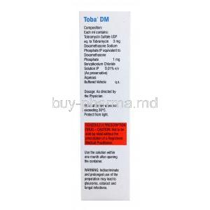 Toba DM Eye Drops, Dexamethasone 0.1%/ Tobramycin 0.3% 10ml, Sun Pharma box side presentation with information