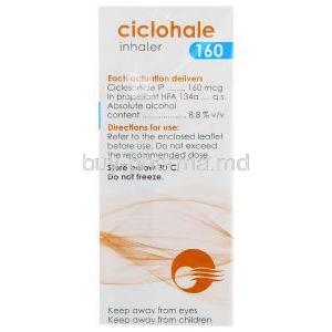 Ciclohale Inhaler, Ciclesonide 120 MD 160mcg, CiplaAC, box side presentation