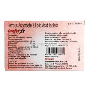 Orofer XT, Ferrous Ascorbate and Folic Acid composition, Box information