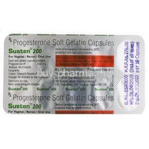 Susten, Progesterone 200mg capsule blister pack back