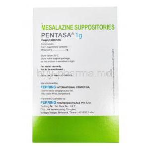 Pentasa Suppositories, Mesalamine 1g 28 Suppositories composition, manufacturer