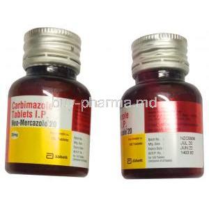 Neo-Mercazole, Carbimazole 20mg 120 tab bottle front and back presentation