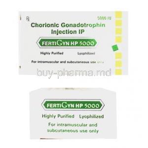 Fertigyn HP Injection, Human Chorionic Gonadotropin box front and side