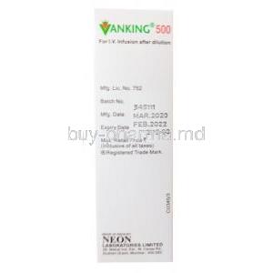 Vanking Injection, Vancomycin I.V. Infusion after dilution, 500mg, 1000mg , box back presentation