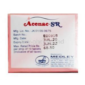 Acenac-SR, Aceclofenac 200mg box side and tablets