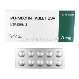 Iverjohn, Ivermectin 3 mg box and tablet front