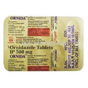 Ornida, Ornidazole 500mg tablet back