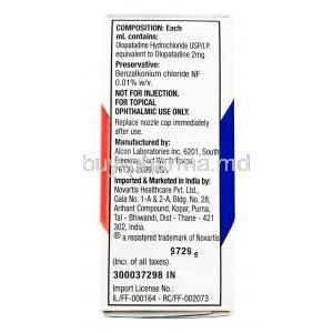 Pataday Ophthalmic Solution, Olopatadine 2%, 2.5ml, Box infromation, composition, Manufacturer