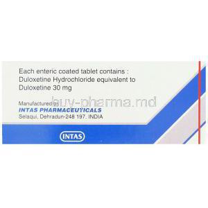 Duvanta 30, Generic Cymbalta,  Duloxetine Box Manufacturer Information