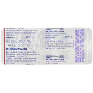 Duvanta 30, Generic Cymbalta,  Duloxetine Packaging